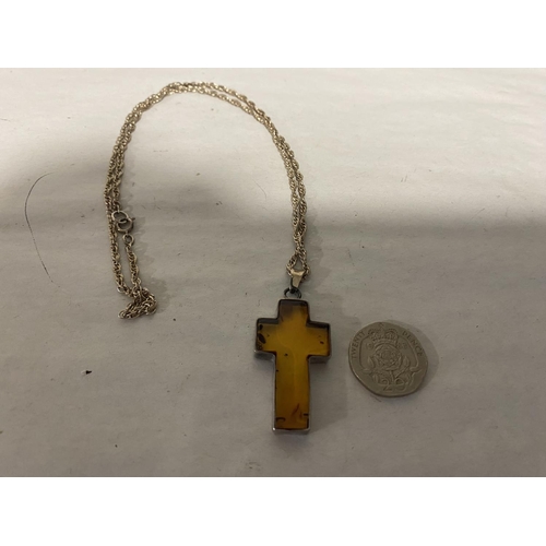 255 - Sterling Silver 925 & Amber Cross Pendant on Sterling Silver Chain