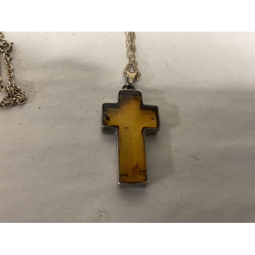 255 - Sterling Silver 925 & Amber Cross Pendant on Sterling Silver Chain