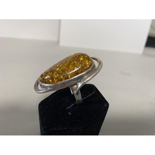 107 - Silver 925 & Amber Large Ring, Size P