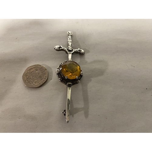 122 - Hallmarked Silver & Citrine Sword Brooch, Edinburgh 1962 by Robert Alison