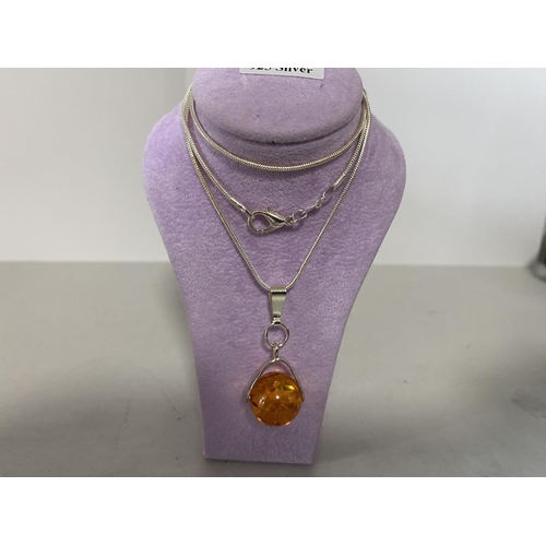 195 - 925 Silver & Pressed Amber Pendant on 925 Silver Chain