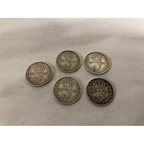 196 - 5 x George V Silver Threepennies 3d - Dated 1912-1918