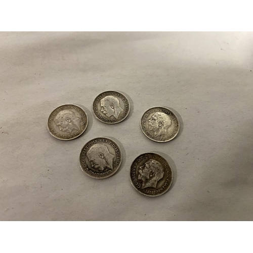 196 - 5 x George V Silver Threepennies 3d - Dated 1912-1918