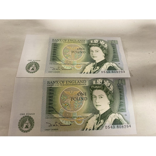 65 - 2 x Mint £1 One Pound Notes - Consecutive Numbers