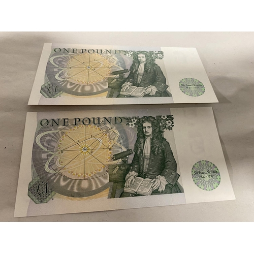 65 - 2 x Mint £1 One Pound Notes - Consecutive Numbers