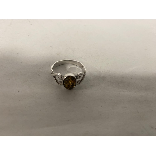 113 - Sterling Silver 925 & Amber Ring - Size Q