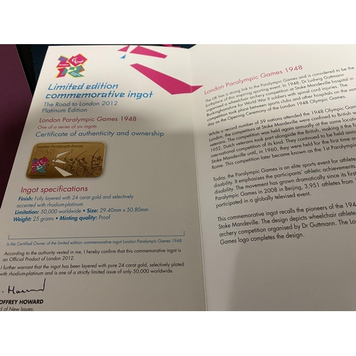 210 - 2012 Olympics Limited Edition 6 Piece Gold Plated Ingot Set with Certificates / Paperwork, Boxed