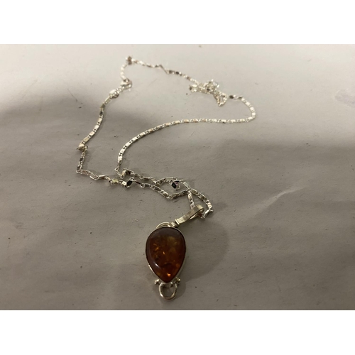 181 - 925 Silver Pressed Amber Pendant & Chain