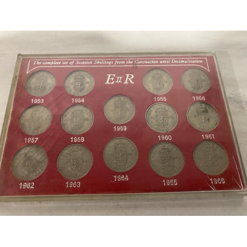 14 - Encased Coronation Scottish Shilling Set 1966, some scratches on case