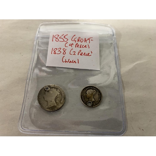 69 - 1855 Silver 4d Groat & 1838 2d Coins - Both Drilled