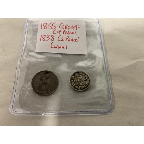 69 - 1855 Silver 4d Groat & 1838 2d Coins - Both Drilled