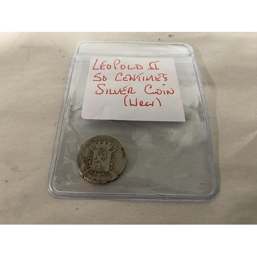 70 - Leopold 11 50 Centimes Silver Coin, has wear