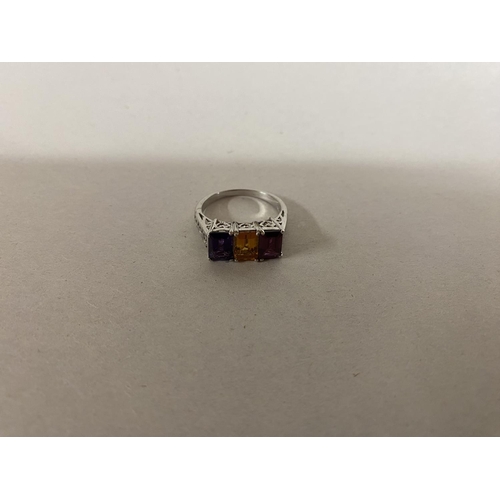 18 - 925 Silver, Amethyst, Citrine & Topaz Ring, Size N-O