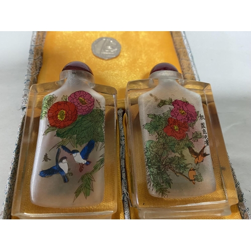 208 - 2 x Chinese Reverse Painted Scent Bottles - Birds/Flowers