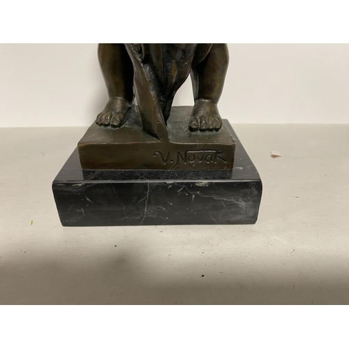 190 - Signed Bronze of Boy with Gun & Birds on Marble Plinth, Signed V Novak, 10