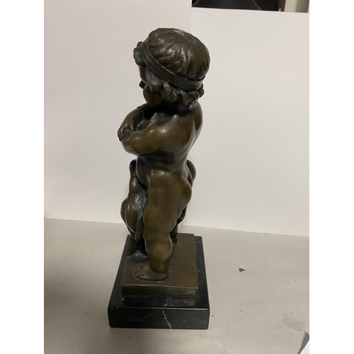 190 - Signed Bronze of Boy with Gun & Birds on Marble Plinth, Signed V Novak, 10