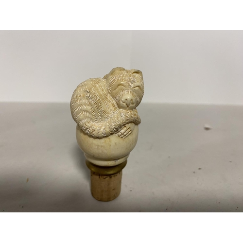 57 - Vintage Bone Topped Bottle Stopper - Cat (minor nibbles to ears)