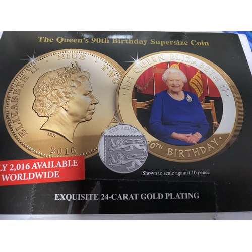 287 - Gold Plated QE11 90th Birthday 65mm Coin with Box & Certificate