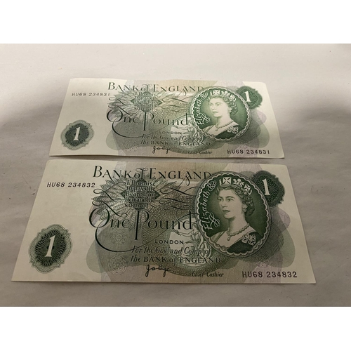 189 - 2 x Mint £1 Notes with Consecutive Numbers