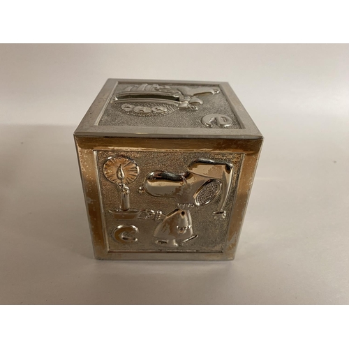 192 - Vintage Snoopy Silver Plated A B C D Cube Money Box