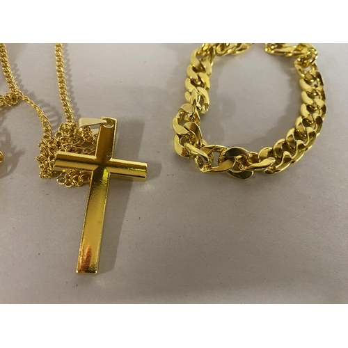 20 - Gents Gold Tone Watch, Cross Necklace & Bracelet Set (Watch needs Batteries & Small Dials are Decora... 