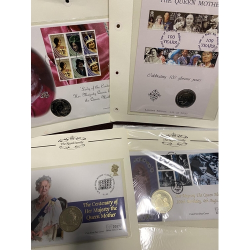 12 - 4 x Queen Mother 100th Birthday Coin & Stamp FDC's inc Limited Edition