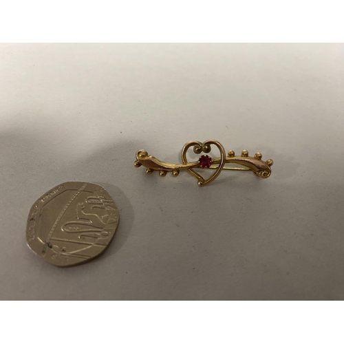 28 - 9ct Gold with Ruby Stone Sweetheart Brooch