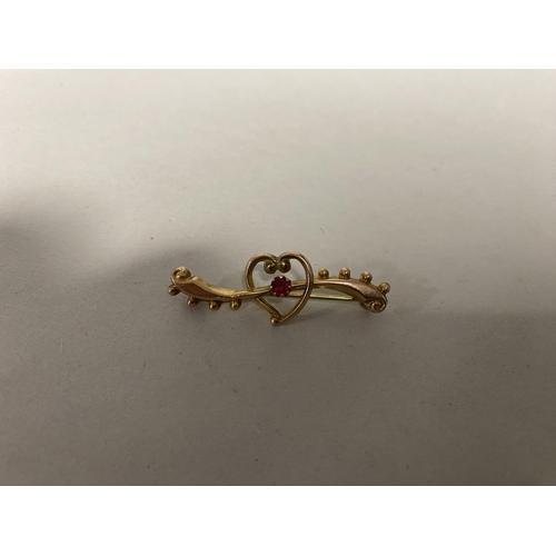 28 - 9ct Gold with Ruby Stone Sweetheart Brooch