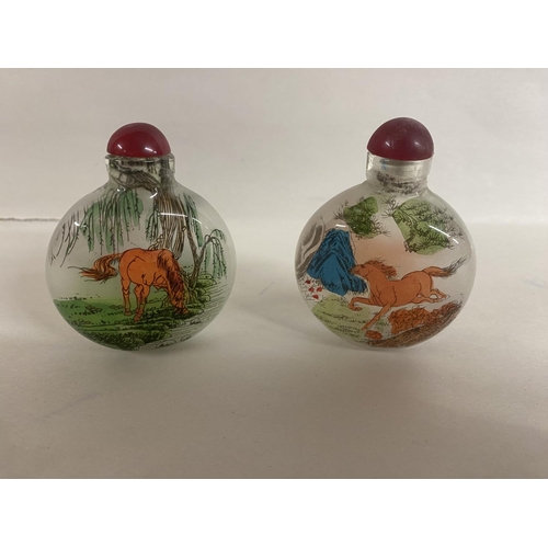 81 - 2 x Chinese Reverse Painted Scent Bottles - Horses, 3cm