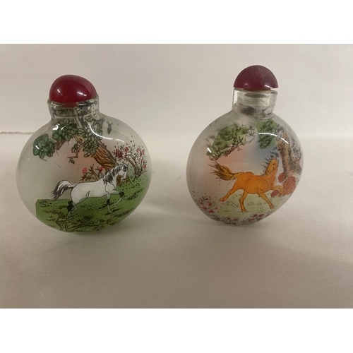 81 - 2 x Chinese Reverse Painted Scent Bottles - Horses, 3cm