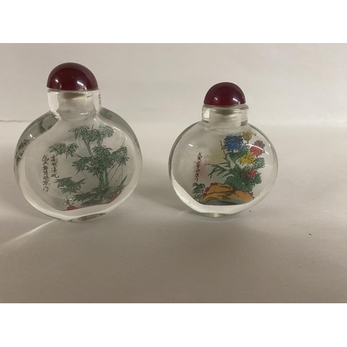 82 - 2 x Chinese Reverse Painted Scent Bottles - Flowers, Signed 3cm