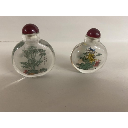 82 - 2 x Chinese Reverse Painted Scent Bottles - Flowers, Signed 3cm