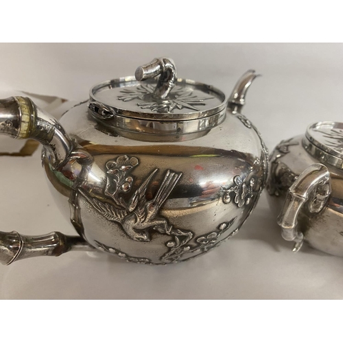 85 - WANG HING - 19c Chinese Export Silver Teaset - 828g Weight - Teapot Hinge A/F