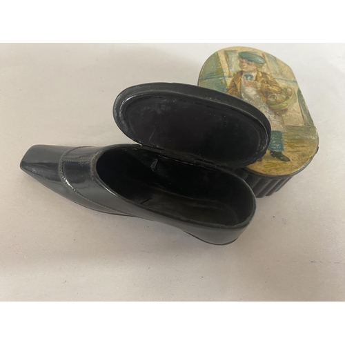 48 - Papier Mache Boot Vesta Case & Hand Touched 'Bakers Boy' Box C1890