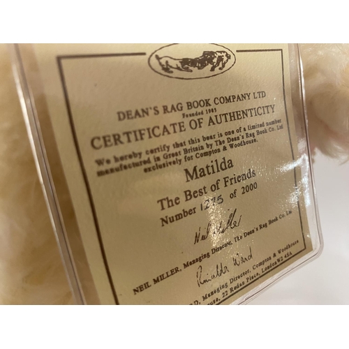 56 - Deans Mohair Bear - Matilda with Certificate of Authenticity c2000, Limited Edition 1275/2000, 28cm