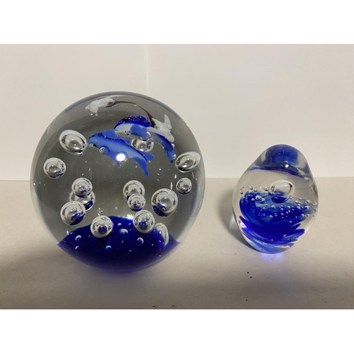 102 - 2 x Blue Glass Paperweights