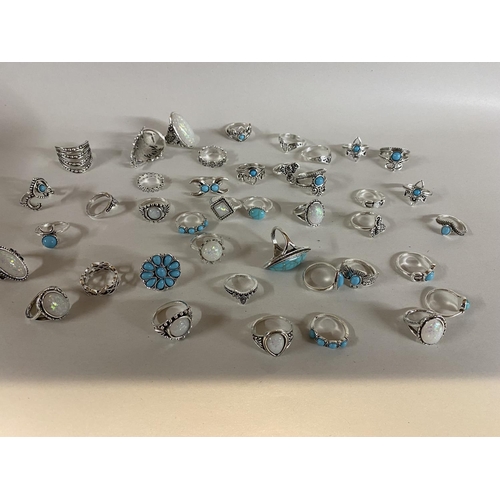 43 - 40 x Silver Tone & Turquoise & Plain Rings - Various