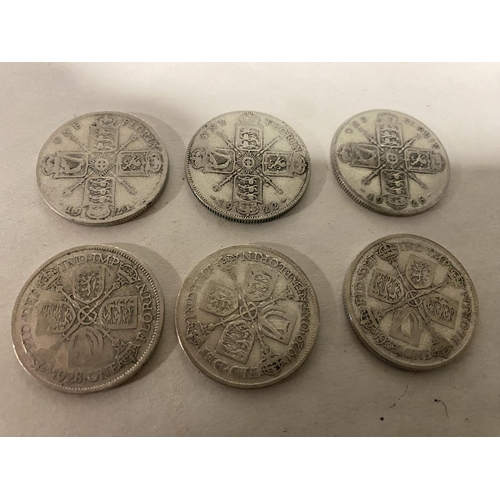 106 - 6 x Silver Florin Coins - 1921,22,26,28,29 & 1933