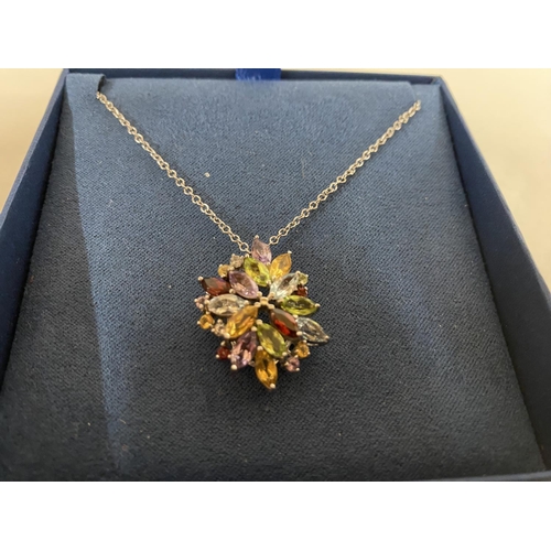 168 - 925 Silver Multi-Gemstone Flower Cluster Pendant & Chain