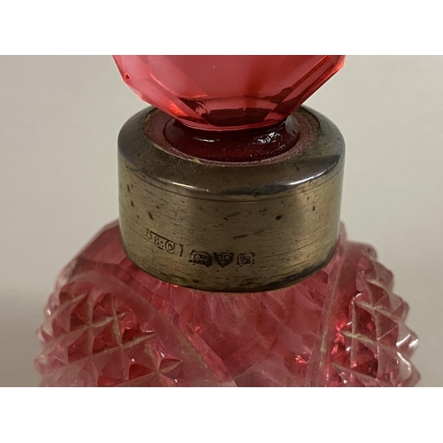 125 - Victorian Hallmarked Silver Collared Cranberry Glass Scent Bottle, 6cm