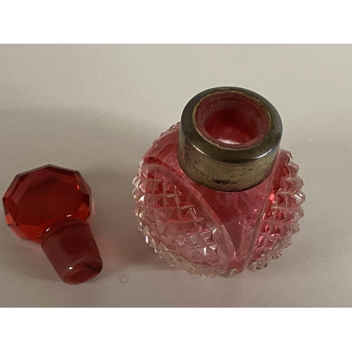 125 - Victorian Hallmarked Silver Collared Cranberry Glass Scent Bottle, 6cm