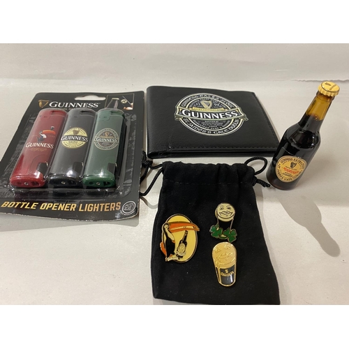 138 - Guinness Items inc. Wallet, Lighters, 3 x Badges & Mini Bottle