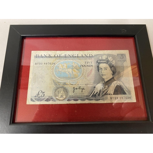 123 - Page Signed Blue £5 Note, Framed