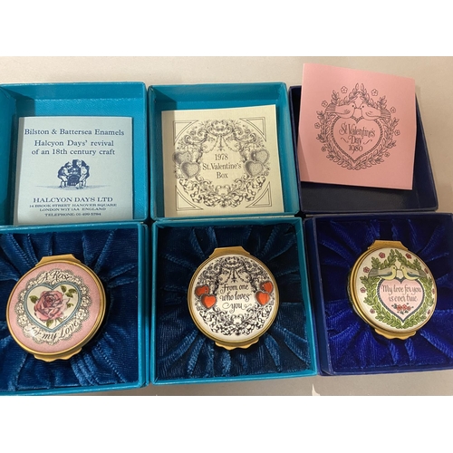 130 - Halcyon Days Enamel Trinket Boxes for St. Valentines Day 1978, 1980 & 1981 Boxed