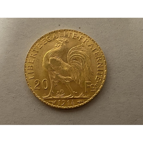 275 - 1914 French 20 Franc Marianne Rooster - 6.5g weight, 21.6ct Gold (5.81 Pure)