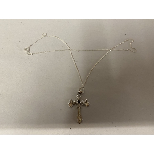 121 - 925 Silver Angel Wings Blue Crystal Cross & Chain