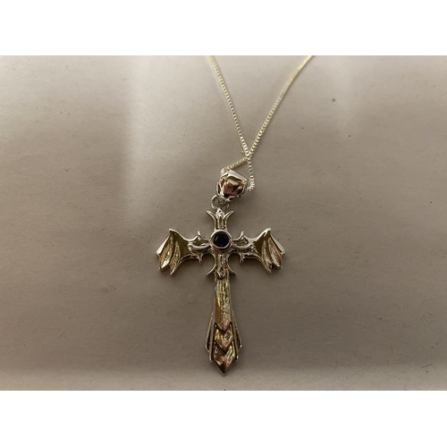 121 - 925 Silver Angel Wings Blue Crystal Cross & Chain