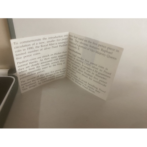 128 - 1990 Silver Piedfort 5p Five Pence Coin - Box/Cert