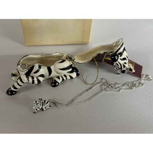 34 - Hidden Treasures Jewelled, Enameled & Hinged 'Zebra' Trinket Box with Zebra Pendant on Chain