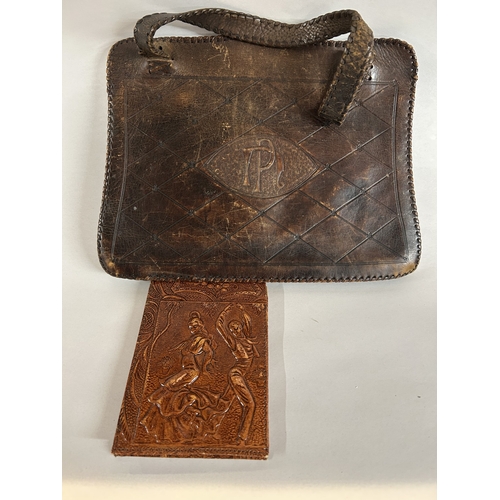 175 - Vintage Spanish 'Flamenco' Wallet & Arts & Crafts Tooled Leather Bag - Handles Slightly Worn